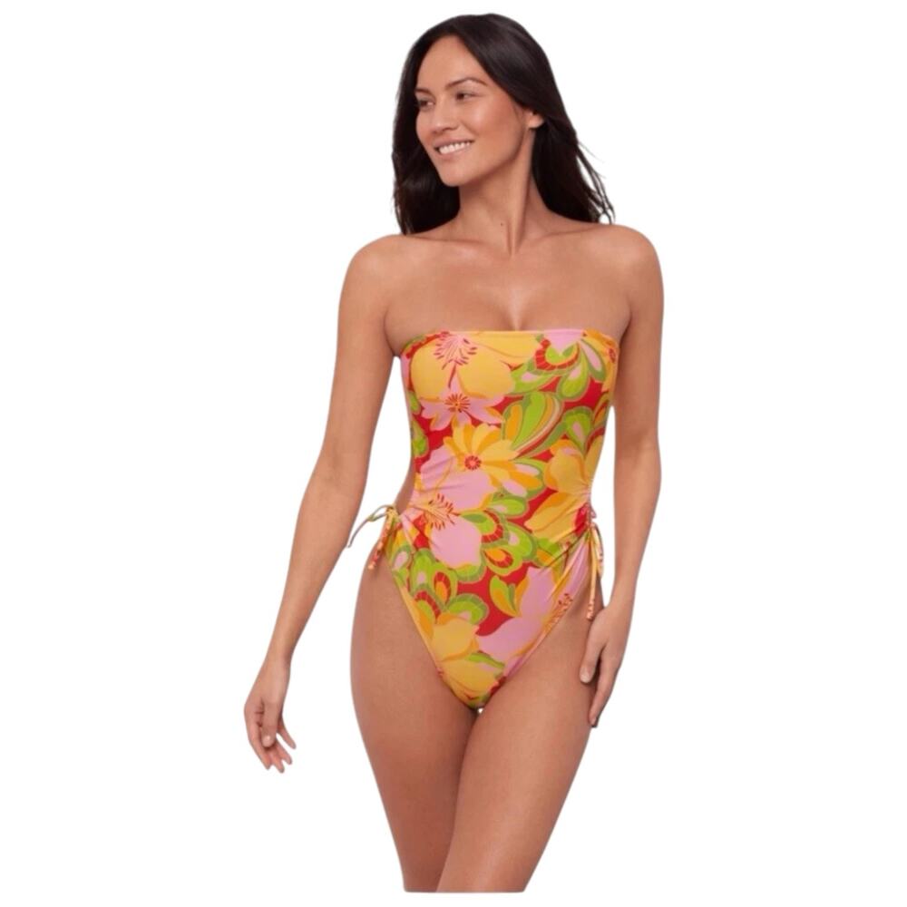 Retro Strapless Floral One Piece Swimsuit Women’s Large NWT 70s Bandeau Dopamine - Picture 4 of 16